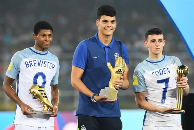 He was the top scorer in England U17s' World Cup win, while Phil Foden was named the tournament's best player  (Photo credit should read DIBYANGSHU SARKAR/AFP via Getty Images)