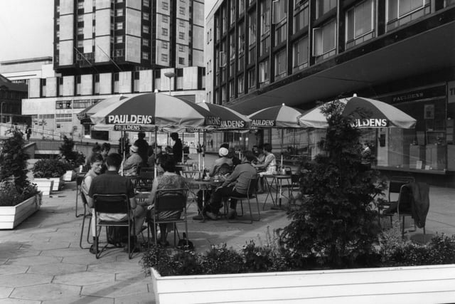 Just to show that outdoor dining is nothing new, a cafe area outside Paulden's department store on Charter Square in the 1970s. The Grosvenor House Hotel is in the background