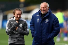 Neil Redfearn, manager of Sheffield United speaks with Lucy Watson of Sheffield United prior to the Barclays FA Women's Championship match between Crystal Palace and Sheffield United at Hayes Lane on October 03, 2021 in Bromley, England. (Photo by Jacques Feeney - The FA/The FA via Getty Images)