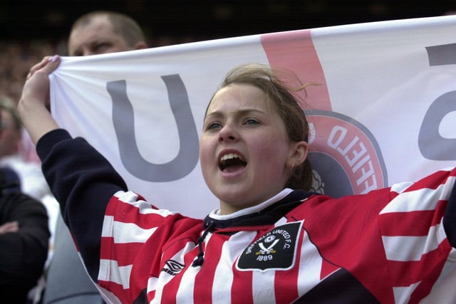 Blades fans get behind their team against Arsenal in the FA Cup semi-final at Old Trafford in April 2003.