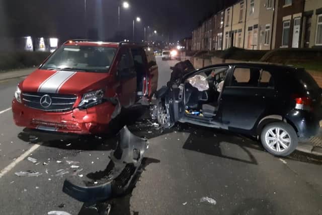 This was the scene on Fitzwilliam Road, Rotherham, on Thursday night after a stolen car crashed while trying to flee South Yorkshire Police.