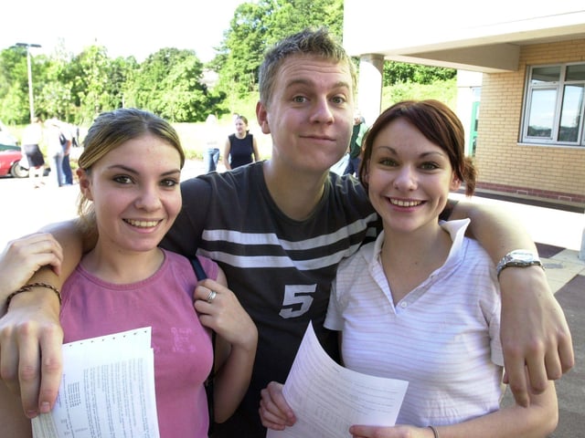 Pictured at Tapton school, on Darvin Lane, Sheffield, where students were receiving their A-level results in 2002, are, Toni Marriott, Adam Stacey and Laura Shore.
