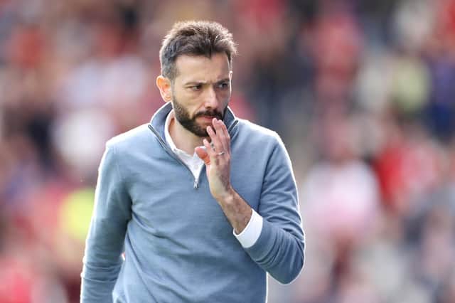 Carlos Corberan, Manager of Huddersfield Town reacts during the Sky Bet Championship match between Huddersfield Town and Nottingham Forest at Kirklees Stadium on September 18, 2021 in Huddersfield, England. (Photo by Lewis Storey/Getty Images)