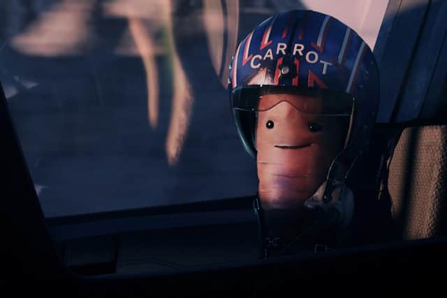 Kevin the Carrot has a starring role again in this year's Aldi Christmas advert, with a new sidekick in the form of Lieutenant Turkey, in the Top Gun-inspired story (pic: Aldi)