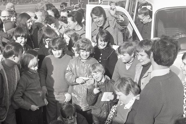 Buxton Advertiser archive, 1974, TV's Leslie Crowther handing over a minibus to Alderbrook School Chinley