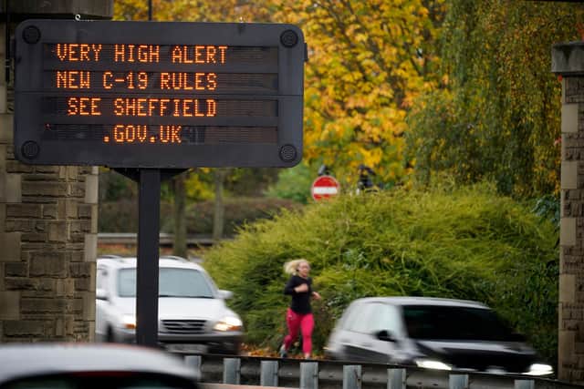SHEFFIELD, ENGLAND - OCTOBER 22: An electronic sign warns the people of Sheffield of the 'Very High" risk on October 22, 2020 in Sheffield, England. The county of South Yorkshire, which includes the city of Sheffield will move to Tier 3 'Very High' Covid-19 alert on Saturday. (Photo by Christopher Furlong/Getty Images)