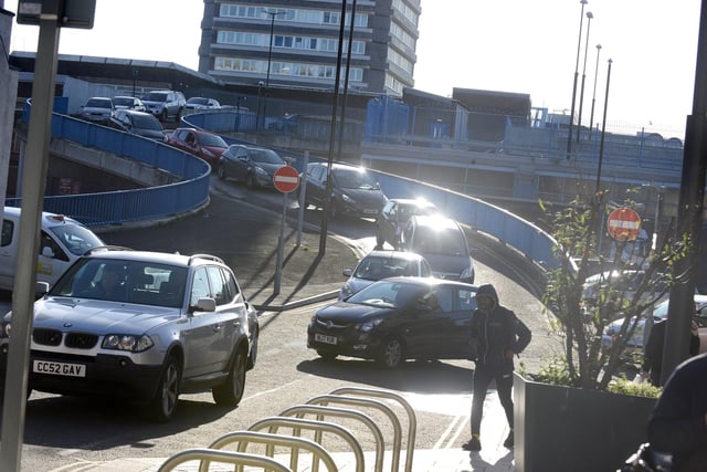 Queuing traffic from the Bridges Shopping Centre car park as drivers hit nearby roadworks.