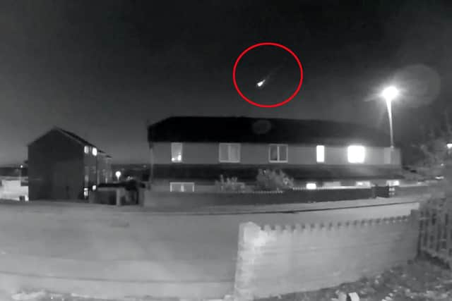 The extraordinary moment a huge flaming meteor which lit up the UK skies was captured on a security camera hurtling over Barnsley (pic: Alex Laycock/SWNS)