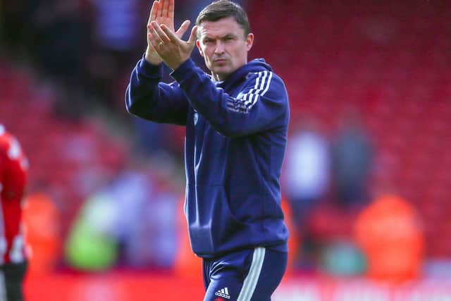 Paul Heckingbottom applauds Sheffield United's fans after their defeat at Reading: Simon Bellis / Sportimage