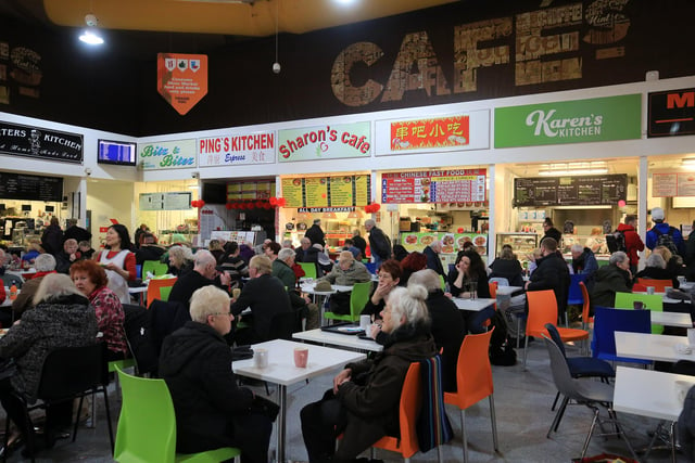 The Moor Market food hall, with stalls serving meals and snacks from around the world