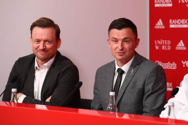Paul Heckingbottom (R) unveiled as the new manager of Sheffield United next to CEO Stephen Bettis (L) at Bramall Lane. Simon Bellis/Sportimage