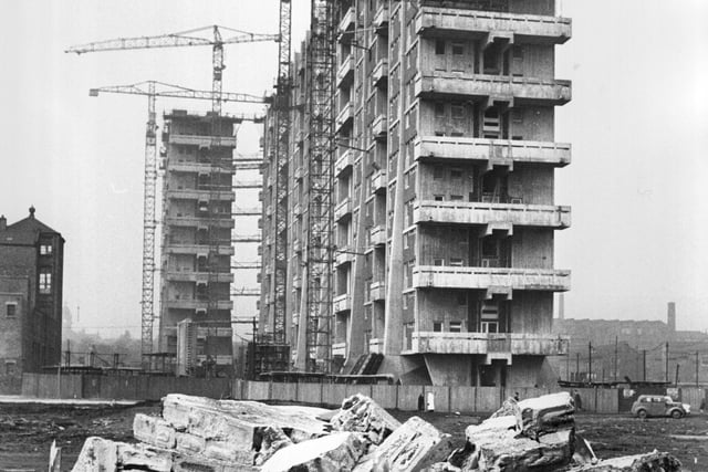 1960:  Tower blocks under construction in the Gorbals.