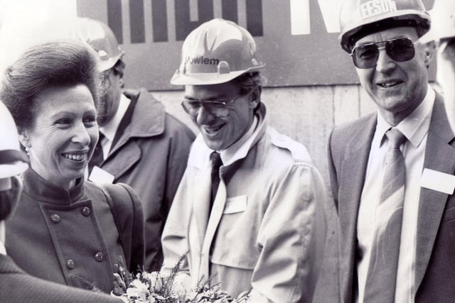 Princess Anne visits Ponds Forge, Sheffield, for the topping out ceremony in March 1990