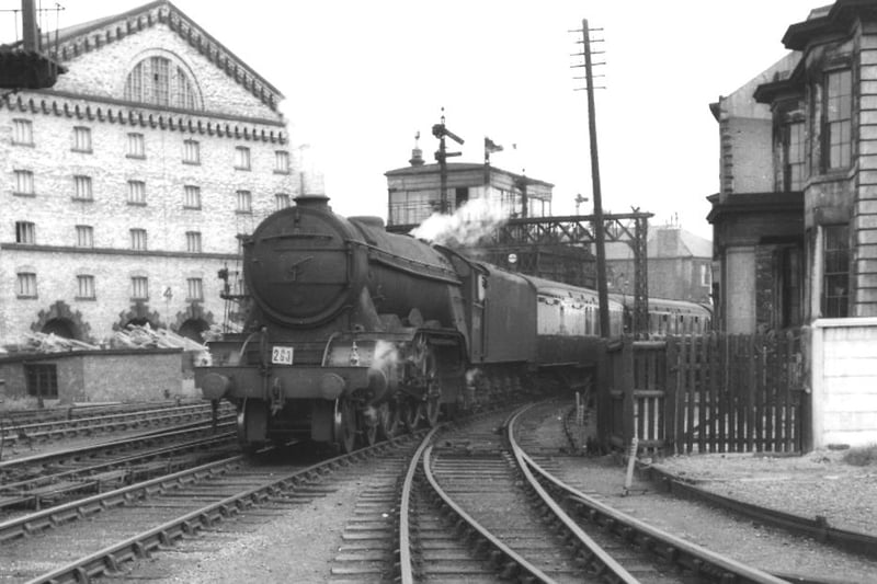 Take a look at this A3 Locomotive as it passes the Church Street signal box. The railway canteen building can be seen on the right. Photo: Hartlepool Library Service.