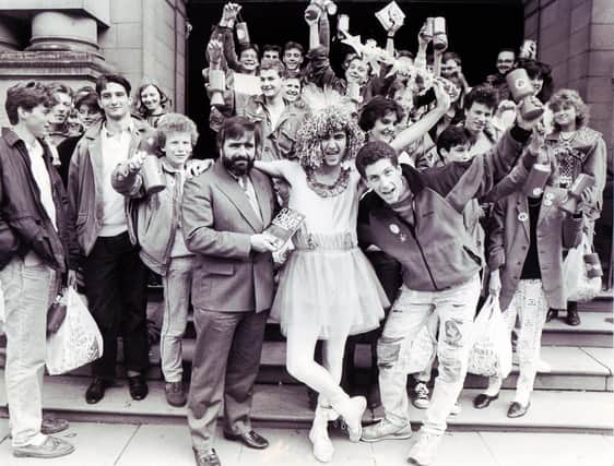 Sheffield University Rag Fairy pictured on Sheffield Town Hall steps in October 1988