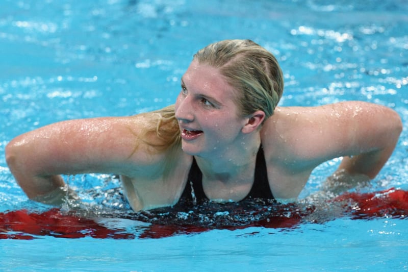 Great Britain's Rebecca Adlington celebrates winning heat 4 of the women's 800m freestyle swimming heats in an olympic record time of 8:18.06.