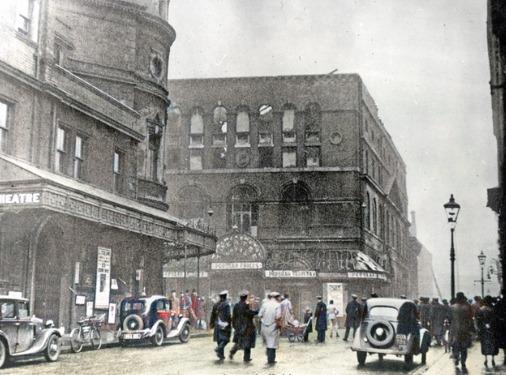This picture shows the shell of the Royal Theatre, Tudor Street, after it was destroyed by fire in 1935.