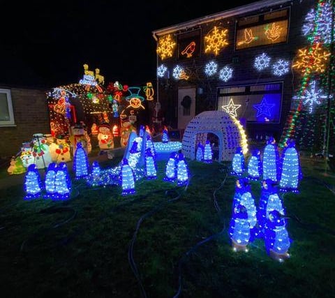 A bit further afield but for a great cause! Jamie Horne and his dad have outdone themselves this year with this great display in Thurlstone in aid of West Yorkshire Dog Rescue. It features musical lights which are spread over four gardens, with children able to visit the grotto and see Santa.