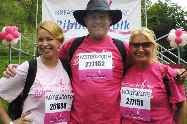 Lucy Woolliscroft, Ian Humphries, and Sue Woolliscroft of Draycott got ready for the Breast Cancer Care Ribbon Walk at Haddon Hall near Bakewell in 2007