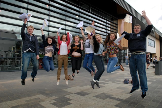 Students celebrate their GCSE achievements in August 2012.