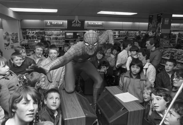Children with Spider-Man at the Princes Street John Menzies' toy department in April 1983.