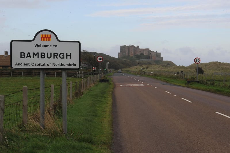 The impressive sight of Bamburgh Castle comes into view on the northern approach to the village on the B1342.