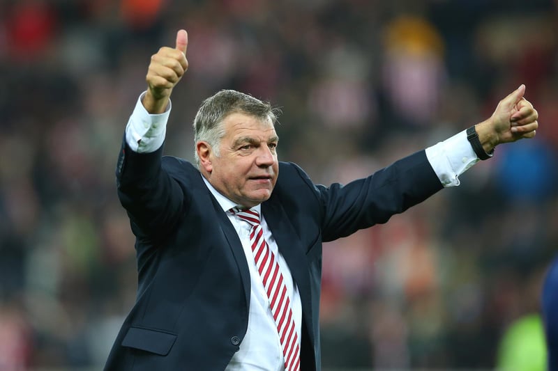 Sam Allardyce, manager of Sunderland, celebrates staying in the Premier League after victory during the Barclays Premier League match between Sunderland and Everton at the Stadium of Light.