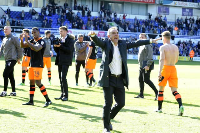 Sheffield Wednesday boss Carlos Carvalhal celebrates victory at Ipswich Town which secured a Play Off place....Pic Steve Ellis