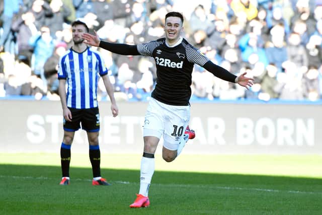 Tom Lawrence of Derby County celebrates after scoring his side's first goal against Sheffield Wednesday at Hillsborough. (Photo by George Wood/Getty Images)
