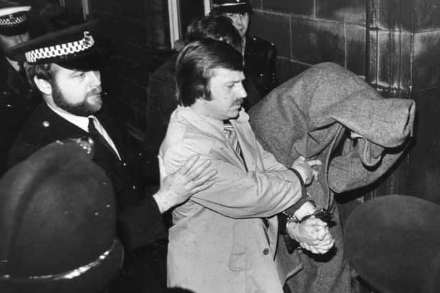 Peter Sutcliffe makes his first appearance at Dewsbury magistrates court in January 1981.