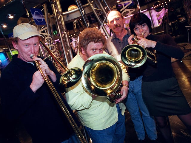 The cast of Brassed Off in the centre's acoustic section in 1999 - Steve Hewison, who plays Phil, Bill Rodgers, who plays Harry, Dennis Lill, who plays Danny the conductor and Loveday Smith who plays Gloria.
