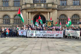 Supporters of the Sheffield Coalition Against Israeli Apartheid protesting outside a Sheffield City Council meeting that considered a 7,500-name petition in support of Gaza. Picture: Jonny Feldman