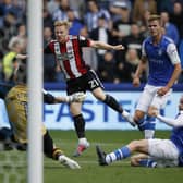 Mark Duffy of Sheffield United puts his side 3-2 up against Wednesday at Hillsborough: Simon Bellis/Sportimage