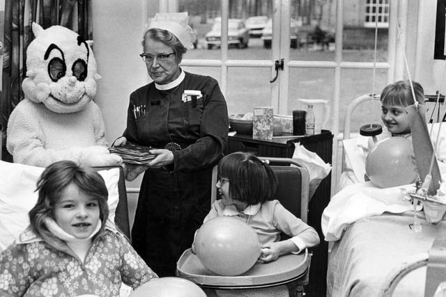 Gloops visits Sheffield's Children's Hospital with gifts for young patients in 1973