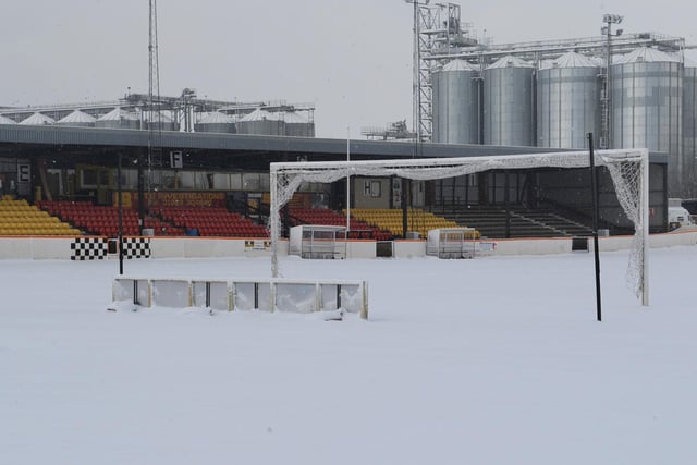 A snow covered Shielfield Park, home of Berwick Rangers, in 2013.