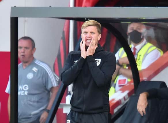Eddie Howe, Manager of AFC Bournemouth  gives his team instructions  during the Premier League match between AFC Bournemouth and Leicester City at Vitality Stadium on July 12, 2020 in Bournemouth, England.