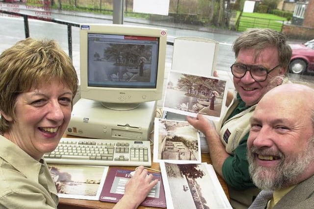 Carol Hill, Stan Longley and Howard Connell at the Doncaster Central Library in 2001. Inputting photos of Askern into the computer.