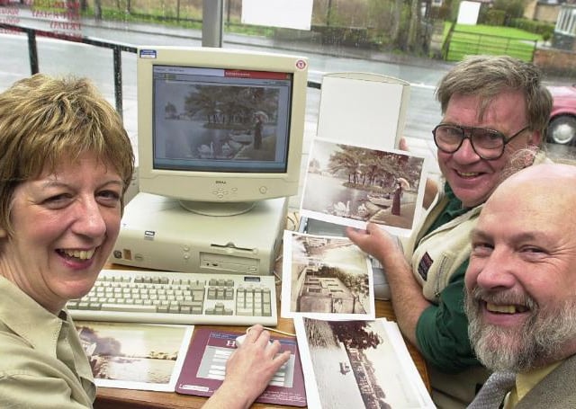Carol Hill, Stan Longley and Howard Connell at the Doncaster Central Library in 2001. Inputting photos of Askern into the computer.