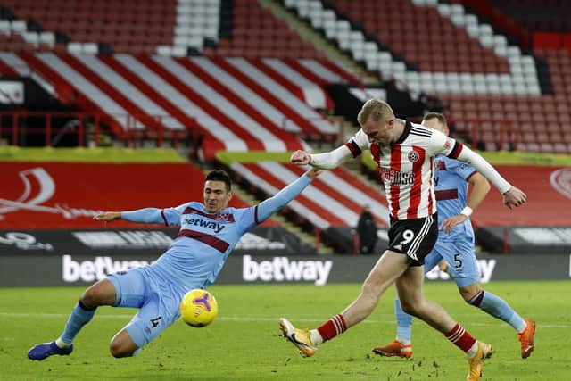 Sheffield United'ss Oliver McBurnie fires in a shot  during the Premier League match at Bramall Lane. Darren Staples/Sportimage