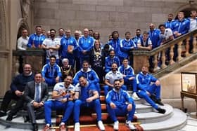 The Greek men's rugby squad get a warm welcome - and souvenir bottles of Henderson's Relish - on a visit to meet Mayor Sioned-Mair Richards at Sheffield Town Hall. They play England in the Rugby League World Cup at Bramall Lane on October 29