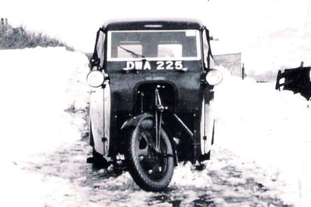 This three wheeler James van was stuck in snow in the village of Storrs nr Dungworth for three days in the winter of 1947, preventing the Hague family from delivering milk into Sheffield