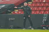 Chris Wilder, manager of Sheffield United, gestures during the Premier League match between Sheffield United and West Bromwich Albion at Bramall Lane on February 2, 2021.