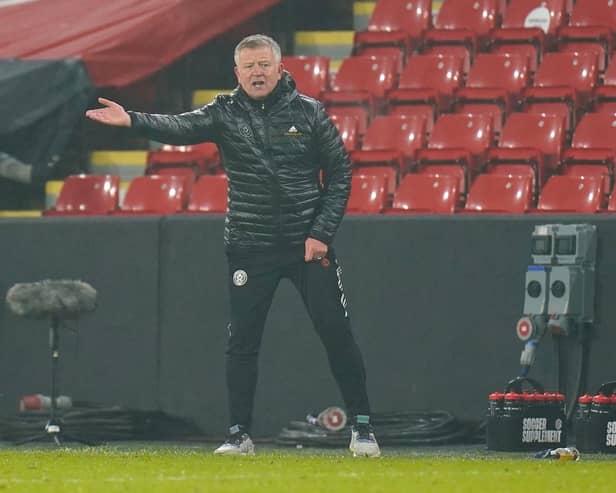 Chris Wilder, manager of Sheffield United, gestures during the Premier League match between Sheffield United and West Bromwich Albion at Bramall Lane on February 2, 2021.