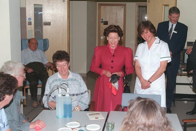 Princess Margaret with staff and patients at the Firth Wing at the Northern General Hospital, which she officially opened October 11 1993