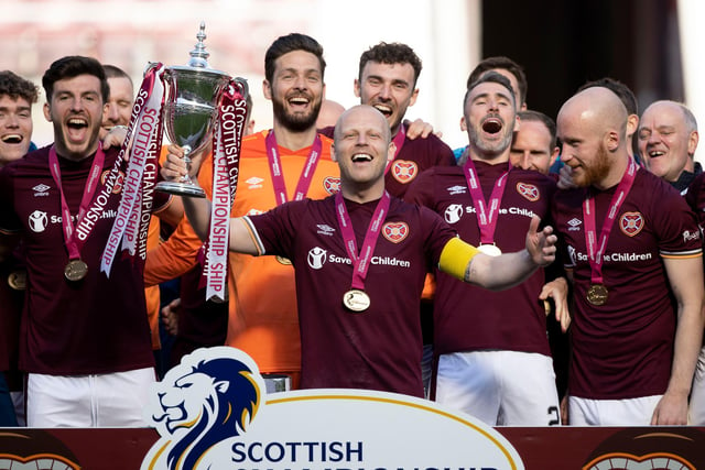 Hearts' captain Steven Naismith lifts the Championship trophy during a Scottish Championship to celebrate the Tynecastle's club return to the top tier.