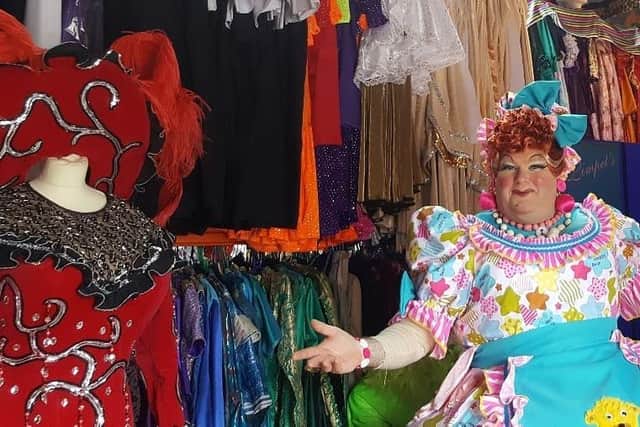 Panto dame Richard Aucott with some of the costumes made by Molly Limpet's Theatrical Emporium (pic: Molly Limpet's Theatrical Emporium)