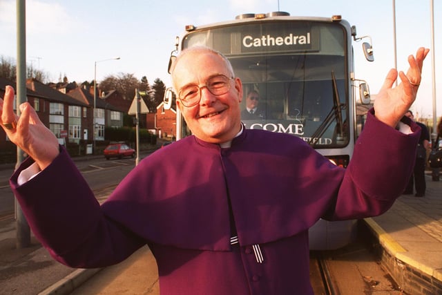 The Bishop of Sheffield, Rt. Revd. Jack Nicholls pictured before boarding Superetram at Middlewood in 1998