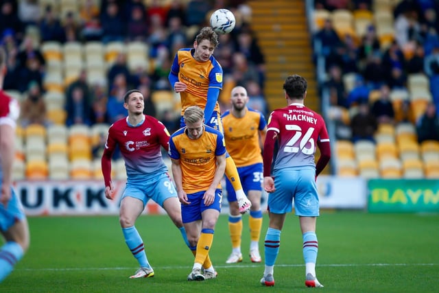 Mansfield Town defender Elliott Hewitt wins the header during the Sky Bet League 2 match against Scunthorpe Utd FC at the One Call Stadium  
Photo credit should read : Chris Holloway / The Bigger Picture.media