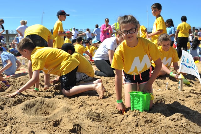 St Bedes RC Primary School pupils taking part in the 2018 annual Sandcastle Challenge at Sandhaven Beach.