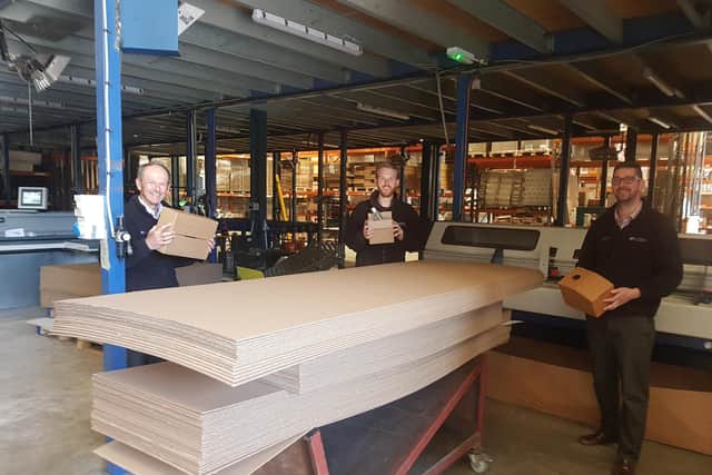 From left: Chris and David Holdsworth and Justin Harding in the factory at Holdsworth Packaging.